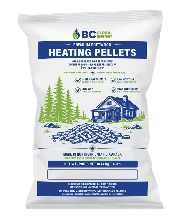 40LB bag of BC Global Energy premium softwood heating pellets