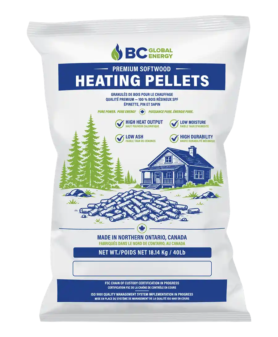 40LB bag of BC Global Energy premium softwood heating pellets