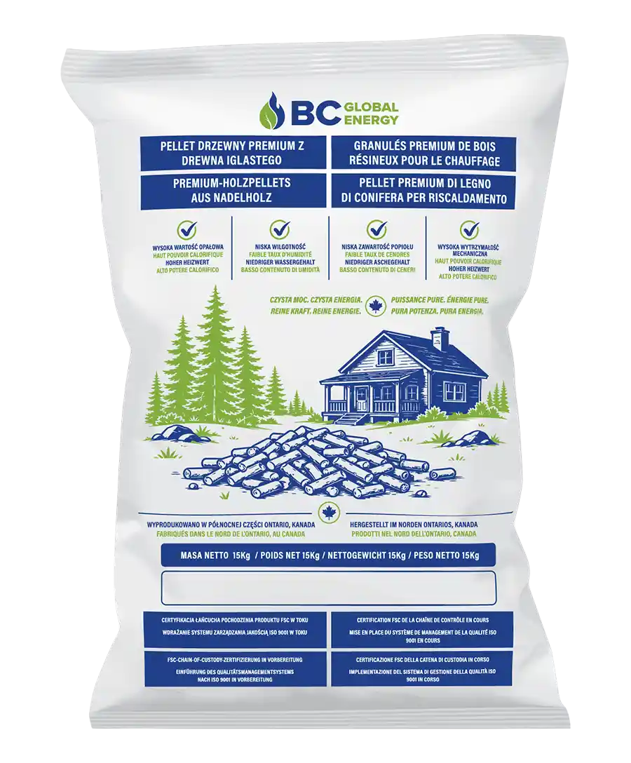 15KG bag of BC Global Energy premium softwood heating pellets
