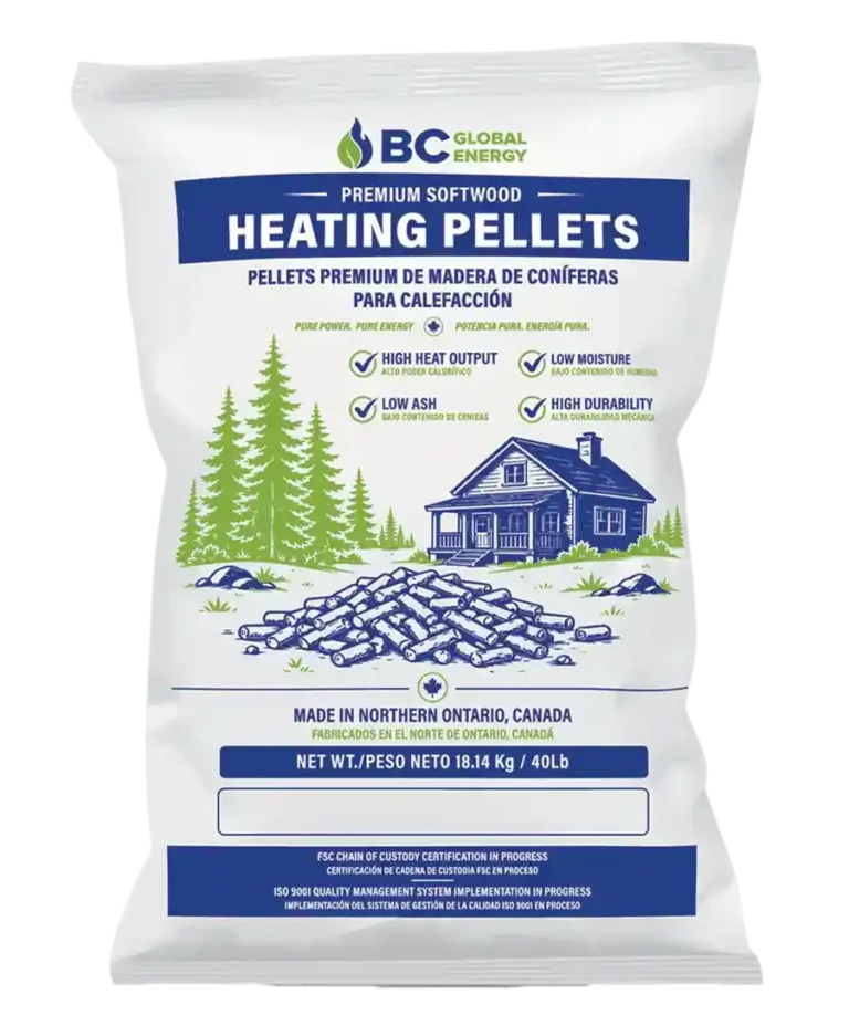 40LB bag of BC Global Energy premium softwood heating pellets