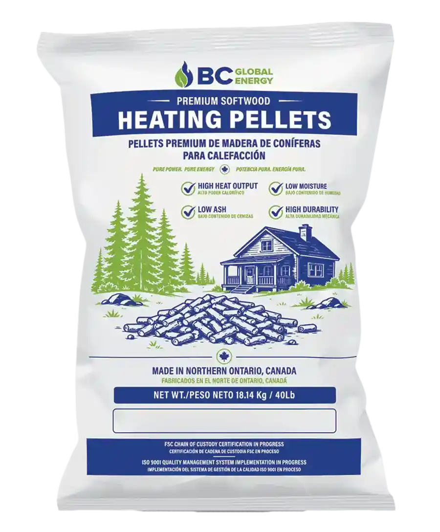 40LB bag of BC Global Energy premium softwood heating pellets